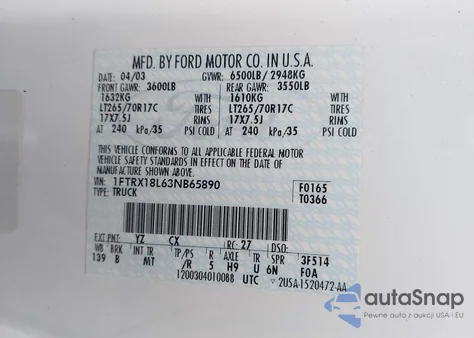 2003 Ford F-150 Lariat/Xl/Xlt из США, поврежденный, VIN 1FTRX18L63NB65890